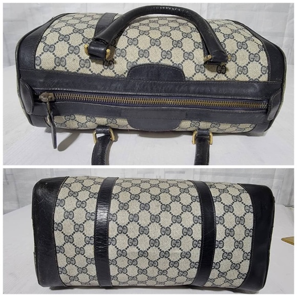 Authentic Gucci Vintage Canvas Gg Pattern Boston Bag Navy Blue/Beige - Picture 7 of 12